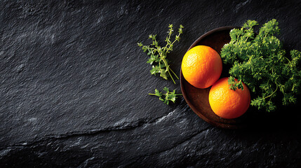 Two oranges and fresh herbs in a wooden bowl on a dark slate background with dramatic lighting effect
