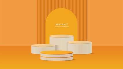 3D Cylinder Podium Background – Realistic Orange and White Minimal Stage with Geometric Wall for Product Promotion and New Products Display. Vector.