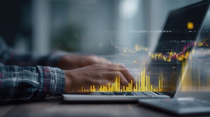 person typing on a laptop with digital graphs and icons overlayed over hands, displaying data for stock market trading  