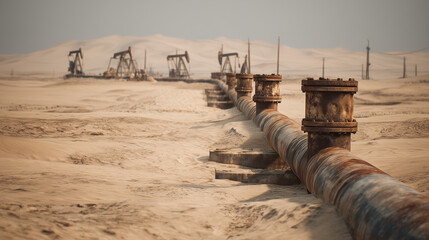 Rusty pipeline through desert landscape