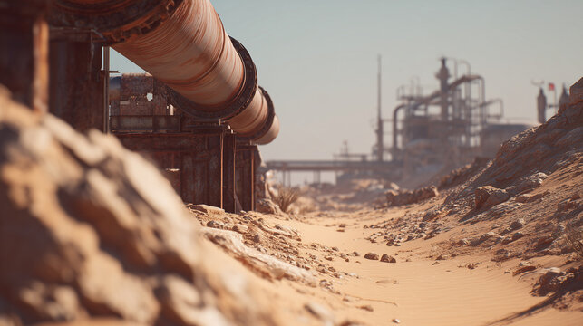 Rusty pipeline in desolate industrial area