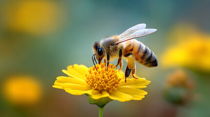 A bee is shown collecting pollen from a bright yellow flower in a close up shot with a blurred background