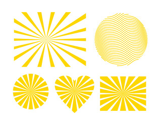 Retro vector sunburst frames 5 yellow geometric elements circle, heart, rectangle, wavy circle Flat vintage rays, thin variant and off-center option included Clean, editable shapes for labels, badges