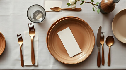 Elegant table setting with plates, cutlery, and flowers, creating a refined dining experience.