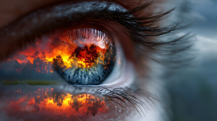 A close up of an eye reflecting a burning forest with trees and flames with a cloudy sky above it