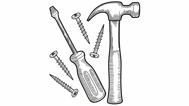 A black and white line art illustration of various DIY and repair tools arranged on a white background