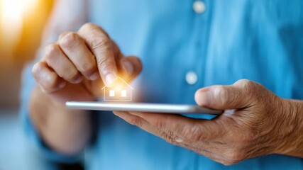 A man is holding a tablet and pointing to a house on the screen. The house is lit up and he is a model