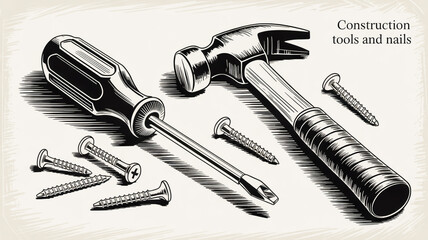 A black and white line drawing of construction tools and nails