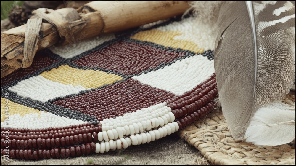 Poster close up of intricate beadwork beside natural fibers and feathers on a neutral surface