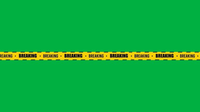 Seamless loop caution tape animation with bold &ldquo;BREAKING&rdquo; text and warning stripes on green screen. 4K animated for motion graphics, emergency, alert banner, social media overlay, and business use.