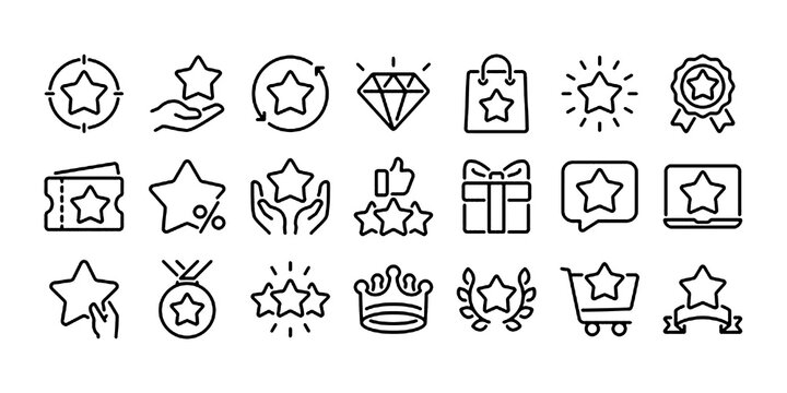 Bonus, benefit, offer and reward editable stroke outline icons set isolated on white background flat vector illustration.