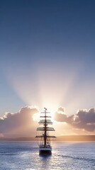 Dramatic Seascape With Tall Ship Sailing Into the Sunrise on the Open Water