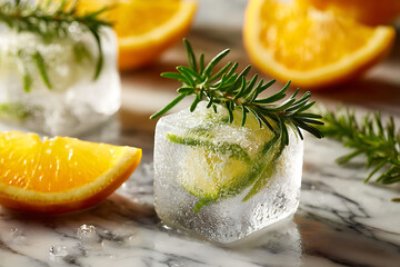 Close up of ice cubes with rosemary and lime slices and orange slices on a marble surface top view