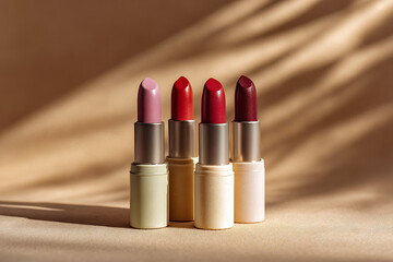 A close up shot of four lipsticks in different shades against a beige background with leaf shadows