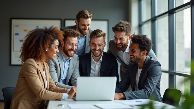 A diverse group of business people gather around a laptop in a modern office
