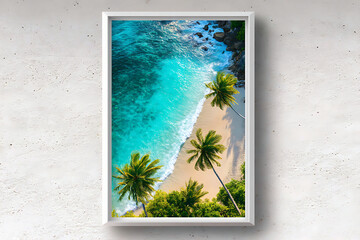 Framed aerial view of a tropical beach with palm trees and turquoise water on a textured wall
