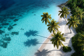 Aerial view of a tropical beach with palm trees casting shadows on the white sand and turquoise water