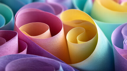 Close up of colorful paper rolls creating a vibrant and abstract design with soft pastel shades