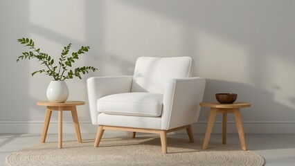 Fototapeta premium Stylish White Armchair and Wooden Side Tables in a Minimalist Living Room