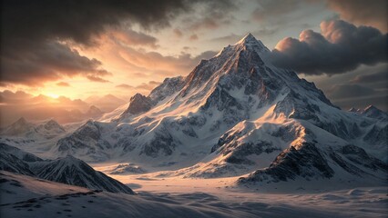 Snowy mountain range under a cloudy sky with a warm light shining through the clouds at sunset time created with generated ai