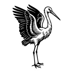 stork spread wings engraving black and white outline. Scratch board imitation.