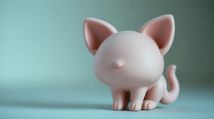 Adorable pink cat figurine with big ears and tail standing on a light blue surface.