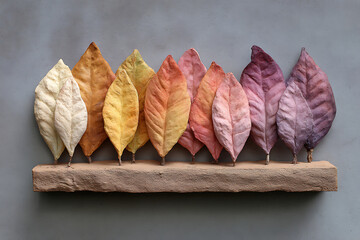 A display of autumn leaves in various colors arranged on a wooden base against a gray backdrop wall