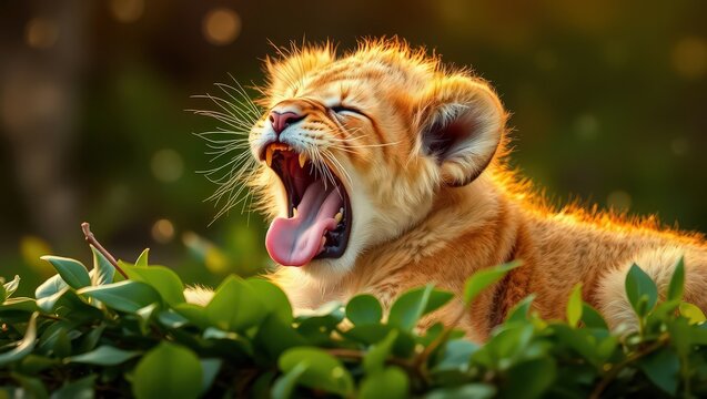 Close-up of Sleepy Lion Cub Yawning, Showing Pink Tongue