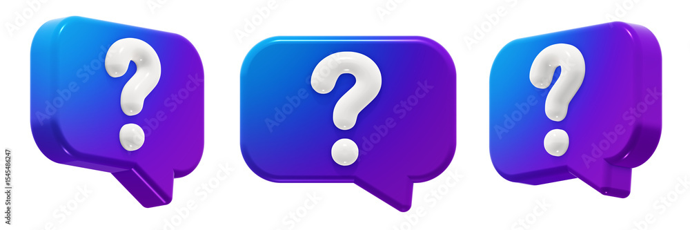 Fototapete modern rectangular question mark speech bubble with a smooth blue-to-purple gradient. 3d render icon