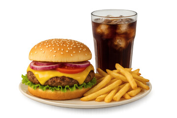 Tasty cheeseburger with fries and cola, classic fast food meal isolated on transparent background