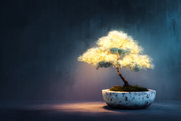 A bonsai tree with glowing leaves in a white pot against a dark background with soft lighting effect