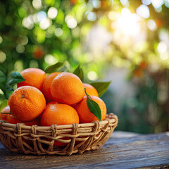 Fresh Oranges in Wicker Basket Displayed on Wooden Table with Bokeh Background