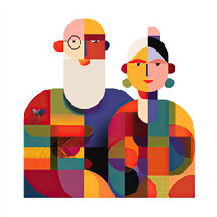 Stylized Geometric Portrait of Senior Couple with Beard and Earrings