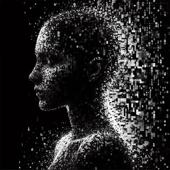 A black and white silhouette of an avatar of a person gathering from digital information flows in the form of a programming language in a virtual space. Vector graphics. EPS.