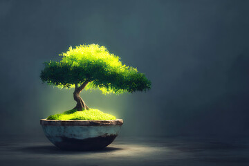 A single bonsai tree with green leaves in a stone pot against a dark background with soft lighting