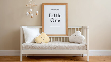 Welcome little one nursery scene with cozy clouds and wooden accents for baby room decor