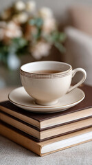 Elegant teacup on stacked books for a cozy welcome pause in serene setting