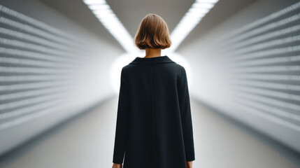 Woman in futuristic data tunnel with flowing crypto concept for technology design