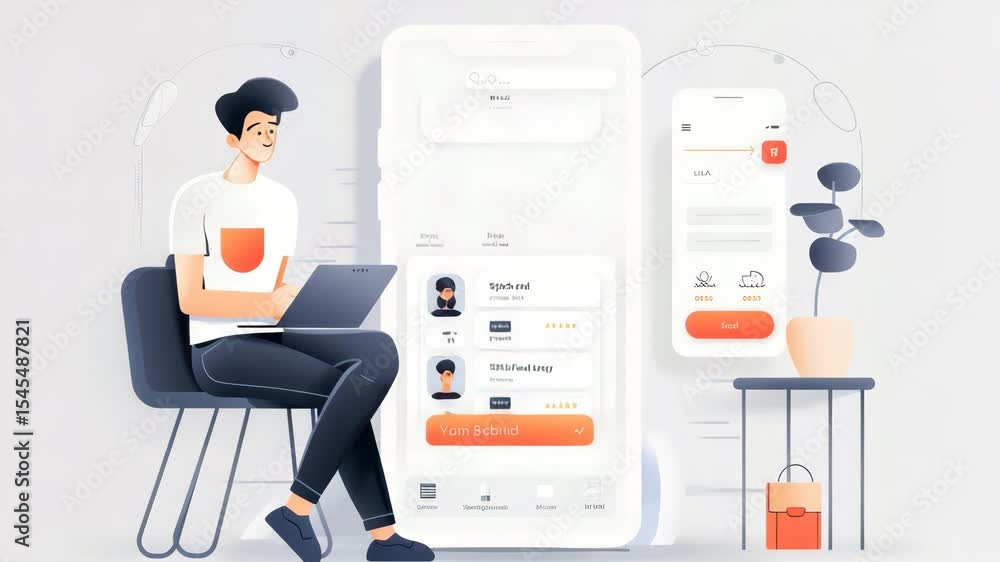 Poster Modern workspace with a person using a laptop while interacting with a mobile app interface showcasing task management and scheduling features