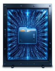 Cybersecurity awareness best practice concepts. A digital safe with glowing blue circuit patterns houses a secure folder containing files, symbolizing data protection and cybersecurity.