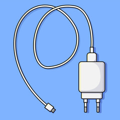 Cartoon Style Phone Charger with Cable on Blue Background