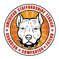 Round emblem Vector AmStaff with black spiked collar over curved red waves. Circular border text: American Staffordshire Terrier top, Guardian. Companion. Friend. bottom. Loyal breed identity design