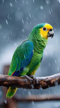 Bright parrot perched on a branch in the rain