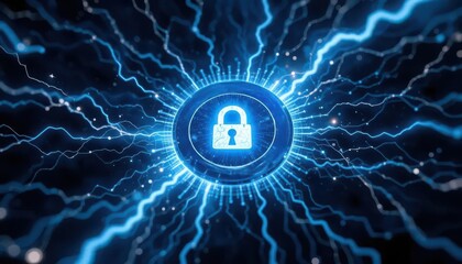 Cybersecurity awareness best practice concepts. A glowing padlock icon surrounded by dynamic electric blue lines represents cybersecurity and digital data protection.