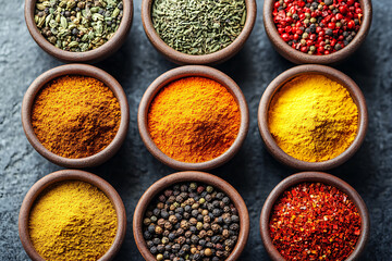 A top down view of nine bowls filled with different spices arranged in a three by three grid pattern