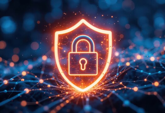 Cybersecurity awareness best practice concepts. A glowing orange shield with a padlock icon represents cybersecurity protecting digital networks and data with a futuristic blue and orange network back