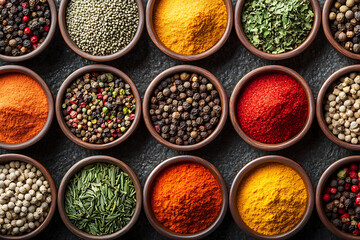An overhead shot of various spices and herbs in wooden bowls arranged on a dark textured surface