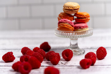 Macaroni cookies, sweet and colorful French macarons, French dessert, a mix of appetizing macarons...