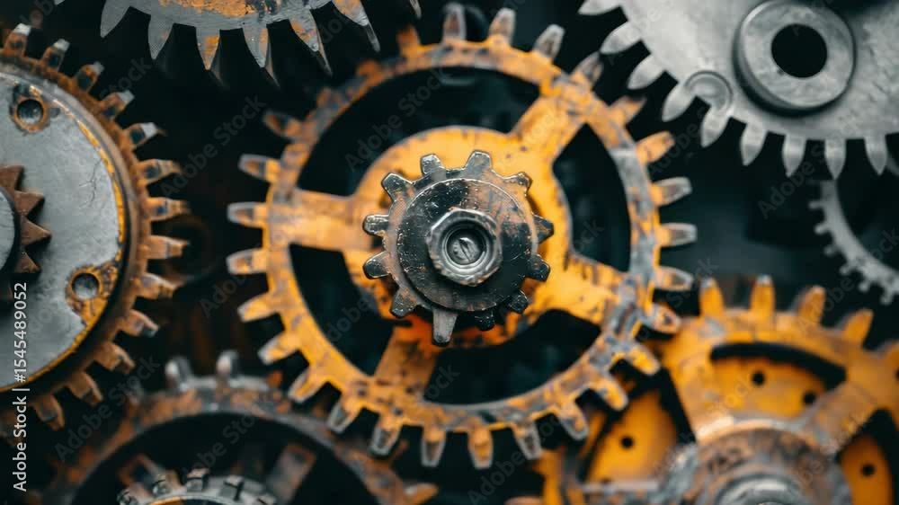 Poster exploration of intricate metal gears in a close-up view with vibrant colors showcasing machinery det