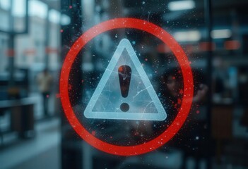 Cybersecurity awareness best practice concepts. A glowing warning sign with an exclamation mark inside a triangle, encircled by a red ring, against a blurred office background.